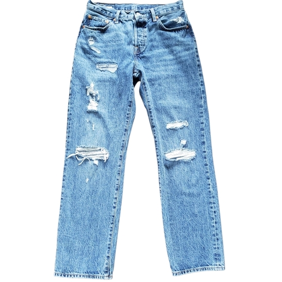 LEVI'S 501 Distressed Big E Medium Wash Button Fly 90s Baggy Jeans - Picture 3 of 10